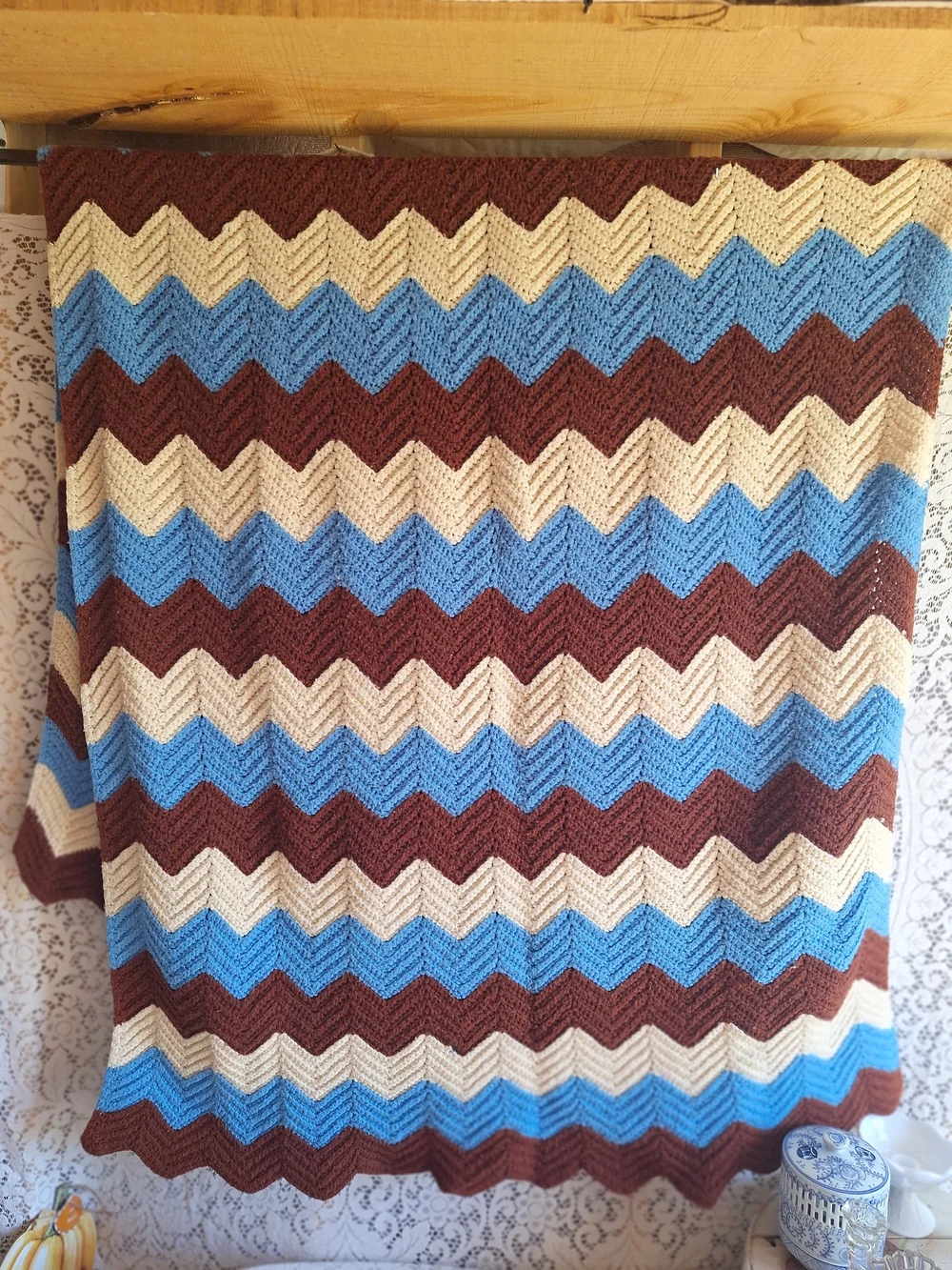 70's Vintage Handmade Zigzag Crochet Blanket in Blue, Cream & Brown